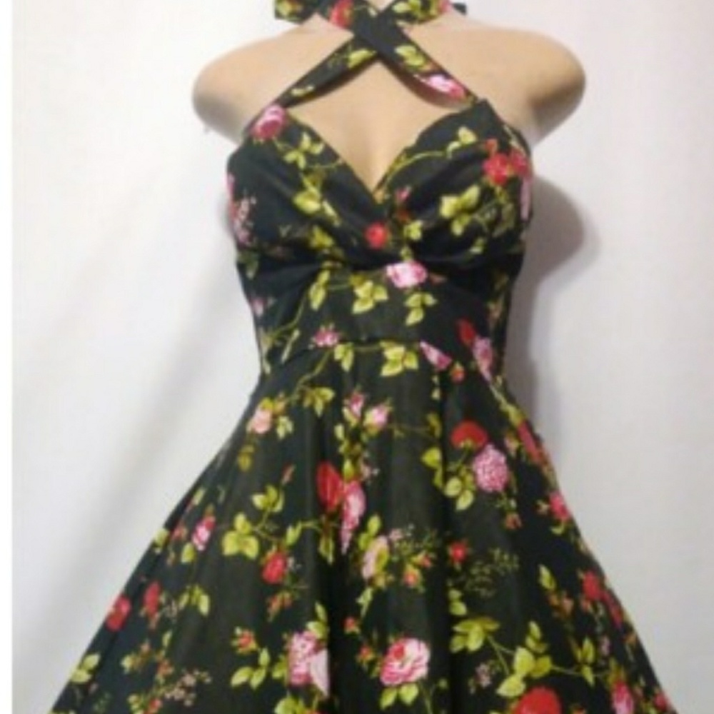 Pinup dress black floral halter